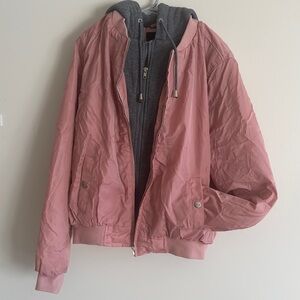Pink Bomber Jacket with Gray Hoodie